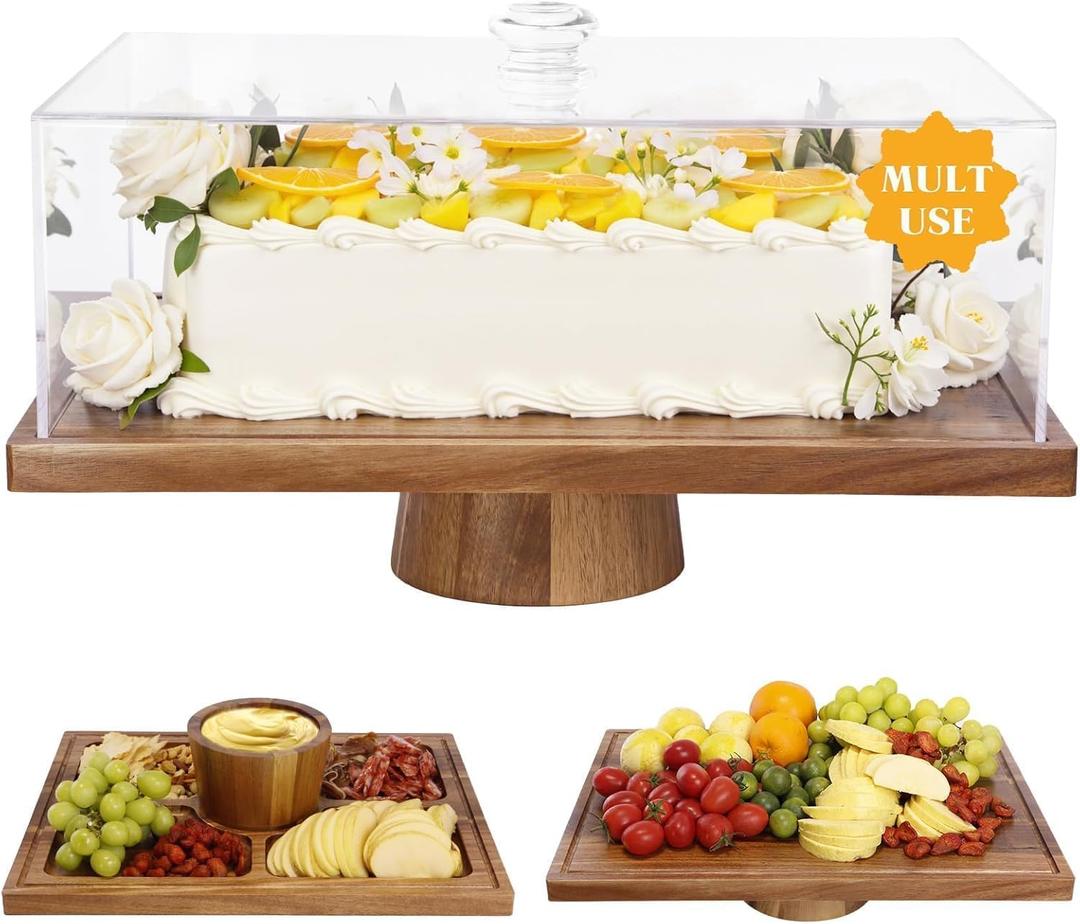 17" Acacia Wood Cake Stand with Lid, 2-in-1 Rectangular Charcuterie Board & Dessert Display, Shatterproof Acrylic Cake Dome Cover for Freshness, Charcuterie Platter for Weddings, Parties