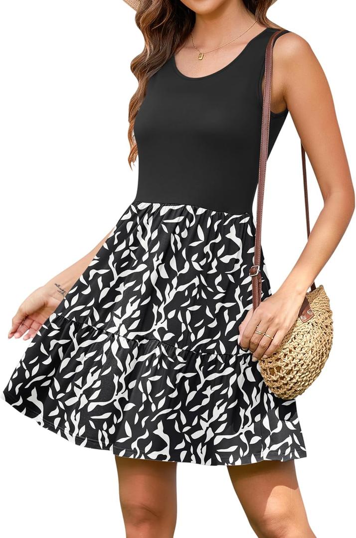 AUSELILY Womens Summer Dress Casual Sleeveless Crewneck T Shirt Sundress Flowy Tiered Swing Mini Dresses (Black, L)
