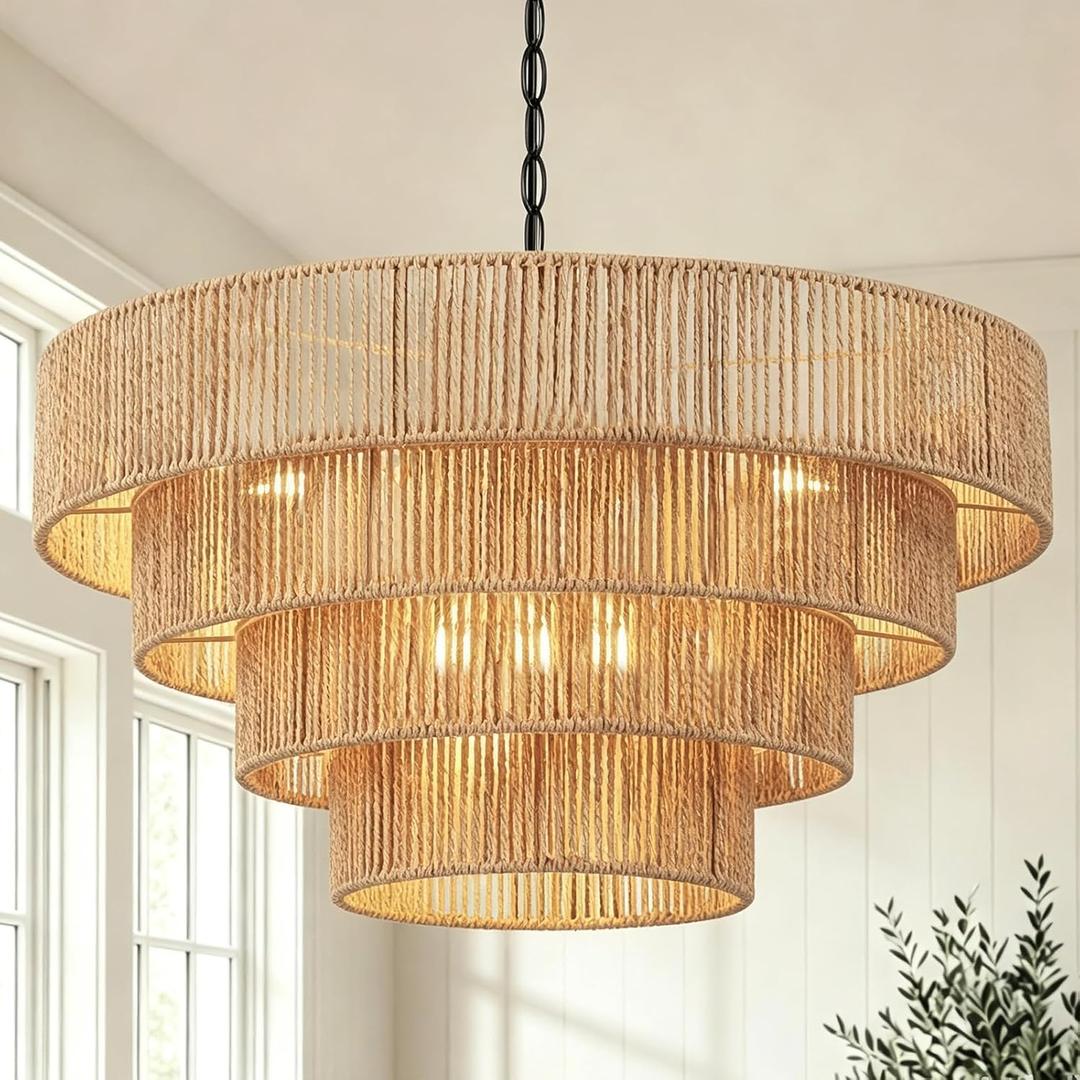 6 Light Boho Rattan Chandelier, 20" Large Farmhouse Dining Room Light Fixture, Four-Layer Hand Woven Wicker Ceiling Light Rustic Hanging Pendant Lights for Living Room Bedroom Kitchen Island, Indoor