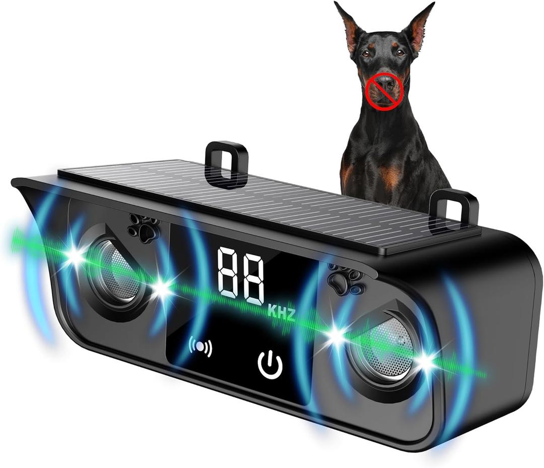 Solar Ultrasonic Dog Bark Deterrent Device, Outdoor Waterproof Anti Barking Device for Dogs with 50ft Range, Sonic Bark Deterrent for Small Medium Large Dogs for Indoor and Outside Use