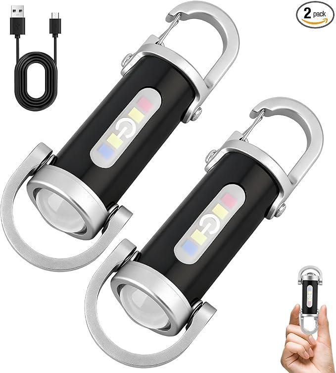 2pcs Portable Rechargeable Bright Keychain Flashlight, TypeC USB Mini LED Light Keychains Flashlight, Phone Charger Keychain 7 Lighting Modes for Camping, Searching, Walking and Hiking