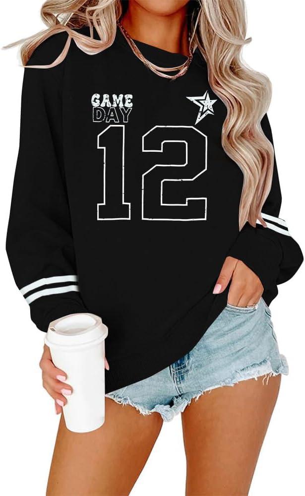 Game Day Sweatshirt Women Football Sweatshirts Funday Sunday Fall Pullover Football Fan Number Graphic Casual Tops Black, L