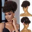 Afro Puff Drawstring Ponytail with Bangs,Short Dark Brown Kinky Curly Synthetic PonyTails Extensions Drawstring Ponytail for Black Women Hair Bun Fluffy Updo for Daily Party Use 4#