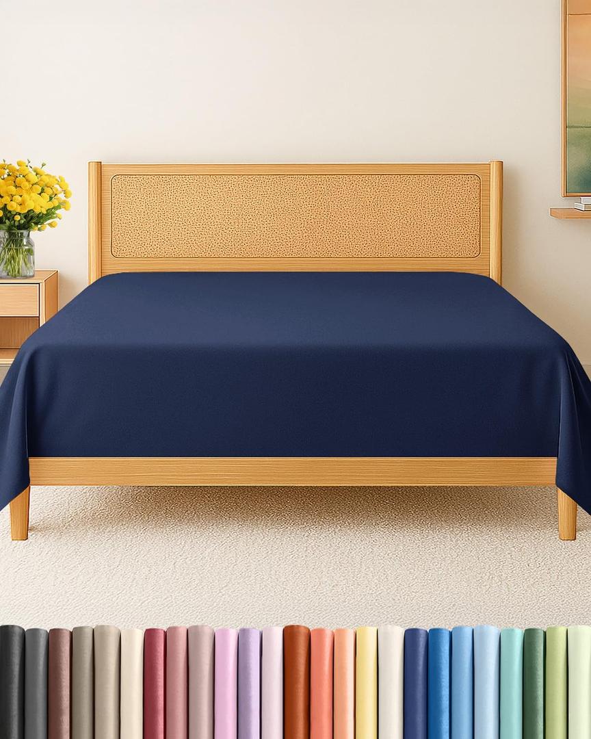 Cal King Size Flat Sheet - Hotel Quality Top Flat Bed Sheet Only - Ultra-Soft, Comfy, Breathable & Cooling - Fade & Wrinkle Free - Easy-Care, Stain & Shrink Resistant Bedding - Oeko-Tex - Navy Blue