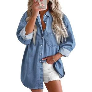 Astylish Women Denim Shirts Button Down Blouse V Neck Casual Tops, L