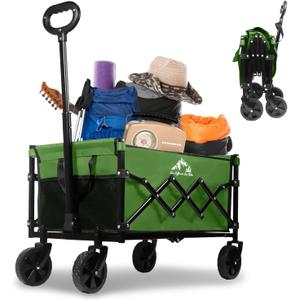 Collapsible Wagon 352LBS Capacity, Foldable Large Carts, Heavy Duty Outdoor Folding Cart with All-Terrain Wheels, Utility Garden Beach Wagon with Storage Bag Green