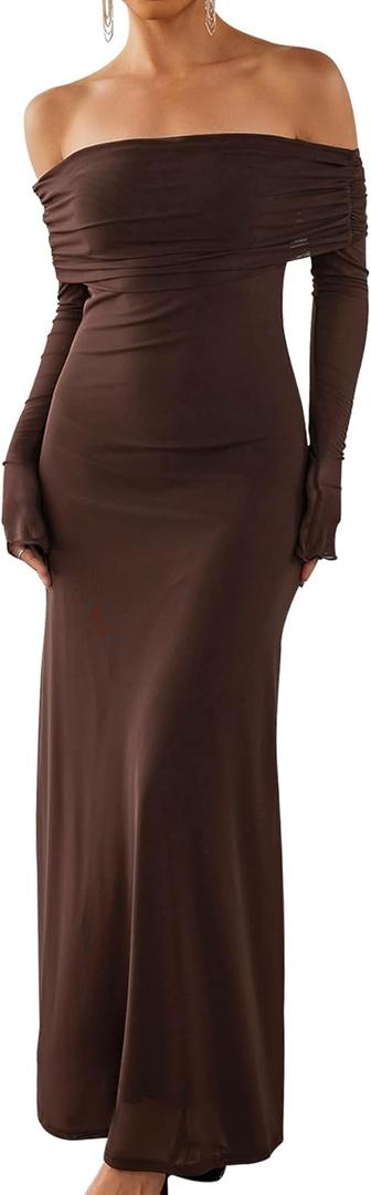 KUTUMAI Women Off Shoulder Bodycon Maxi Dress Long Sleeve Mesh Ruched Party Formal Wedding Guest Dresses Brown XS