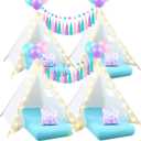 Windyun 4 Pack Mermaid Teepee Tent for Kids with Inflatable Airbed, String Light Fitted Sheet Mermaid Pillow Washable Toddler Indoor Play Tent for Girls Boys Sleepover Slumber Party