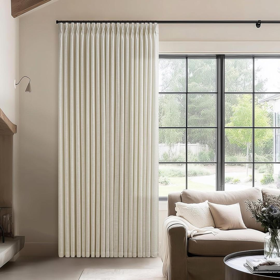 Extra Wide 70 Inch Width Pinch Pleated Curtains 96 Inch Length for Living Room Thick Beige Linen Boho Curtain Memory Shape Light Filtering Privacy for Bedroom Large Windows Hooks Rings 1 Panel 70x96