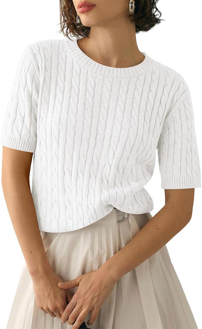 Saodimallsu Womens Cable Knit Sweater Tops Short Sleeve Crew Neck Loose Casual Summer Pullover Sweaters (M)