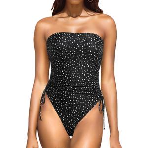 Yonique Women Strapless One Piece Swimsuit Tummy Control Bandeau Bathing Suit Cheeky Swimwear (Large, Black Dot)