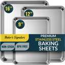 Bakers Signature Stainless Steel Cookie Sheet Pan, Stainless Steel Baking Sheet Set of 3, Mirror Finish, Non-Stick, Rust Resistant, BPA Free, Dishwasher Safe, 9/12/16 Inch