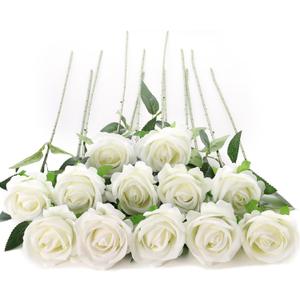 12Pcs White Roses Artificial Flowers Fake Roses Faux Velvet Silk Flower for Home Wedding Decoration (Pearl Rose, White)