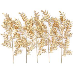 Fake Plants Leaves Christmas Decoration, PASYOU Gold Artificial Shrubs Grass Foliage Plastic Bulk Leaf Indoor Outdoor Home Garden Party Hotel Verandah Wedding Event Faux Decor Ornaments, Golden 5 Pack