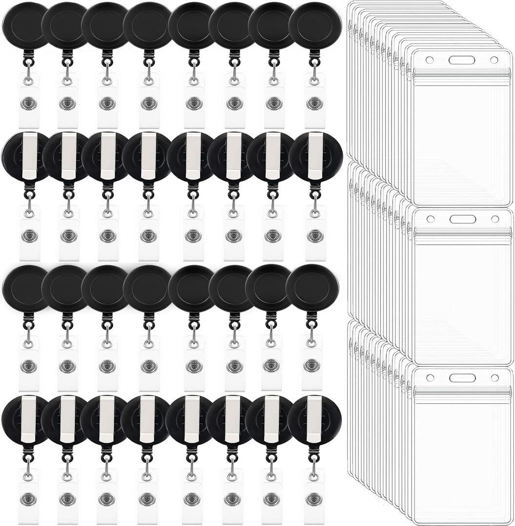 100 Pack Retractable Badge Reel Clips with 100 Pack Vertical ID Card Holders Retractable Badge Holders with Clip ID Badge Clips with Name Card Holder for Nurses Office School,Black