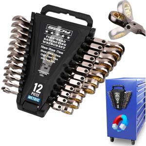 SEDY Premium 12-Piece Metric Flex-Head Ratchet Wrenches Set 8-19mm with Magnetic Organizer, Cr-V Steel Ratcheting Wrench Set with 72 Teeth 180 Flex Head, Ratchet Combination Wrench Set for Repair
