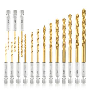 amoolo Hex Shank Drill Bit Set (13Pcs Set+3 Pcs Free), Premium 4341 HSS Titanium Impact Hex Drill Bits for Wood, Steel, Metal, Plastic, Quick Change Design (1/16 -1/4 )