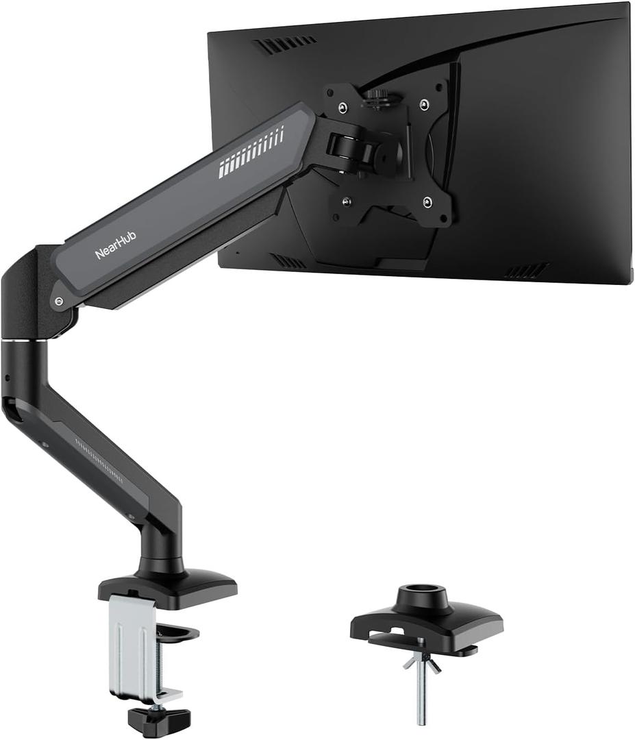 NearHub Single Monitor Mount Arm for 13-32" Up 22 lbs Screens | VESA 75x75/100x100 | Clamp/Grommet Base | Cable Management | Space Saving Desk Setup,180 Swivel, Tilt +90 to -45, 360Rotation
