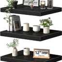 QEEIG 12" Deep Floating Shelves for Wall - 12 x 16 inch Book Shelf Bathroom Bedroom Kitchen Living Room Hanging Bookshelf Farmhouse Set of 3, Black (026-40B3)