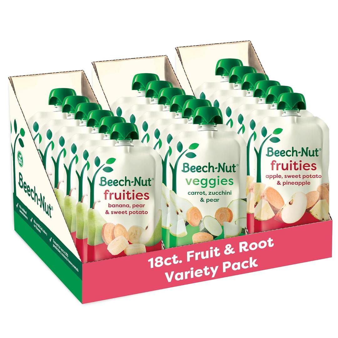 Beech-Nut Baby Food Variety Pack, Fruit & Root Veggie Blends Baby Food Pouches, Fruit & Veggie Purees, 3.5oz (18 Pack)