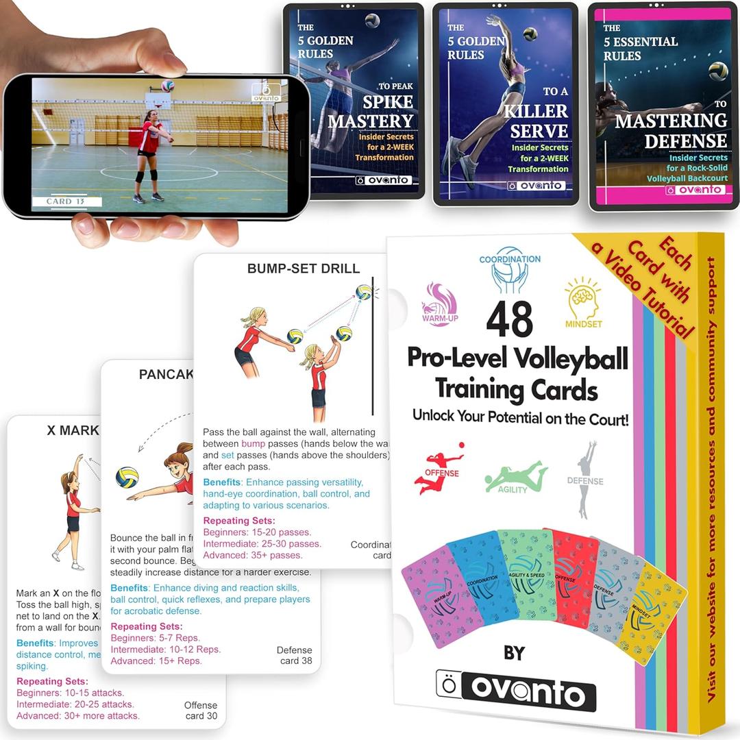 6 x OVANTO Volleyball Training Equipment Aid  Solo Volleyball Equipment in 4 Styles to Serve, Spike, Set and Pass Like a Pro - Adjustable Volleyball Practice Equipment Gift for Beginners & Experts