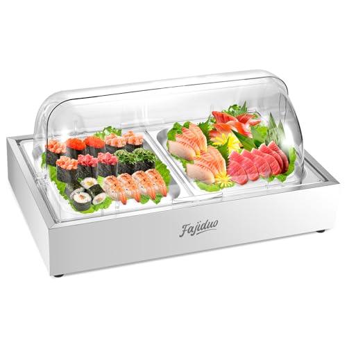 Ice Food Serving Display Tray, Cold Serving Plate with Clear Roll Top, 5QT Stainless Steel Food Serving Tray, Cooling Food Dishes Display Plate for Home, Buffet, Restaurant, Party