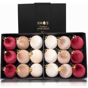 18PCS Velvet Christmas Ornaments Set  Large Matte Flocked Shatterproof Baubles for Xmas Tree Decoration, Luxury Hanging Ornaments for Holiday & Home Dcor (Red, Brown, White, 3 Inch / 8 cm)