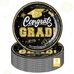 Sabary Black 100 Pcs 2026 Graduation Paper Dessert Plates Bulk 9 Inch Graduation Party Supplies Plates Class of 2026 Decorations Congrats Grad Plate Disposable Tableware (Classic)