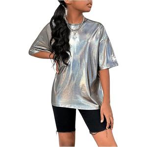 Girl's Metallic Oversized Tops Half Sleeve Crew Neck Loose Y2k T Shirts, Size S