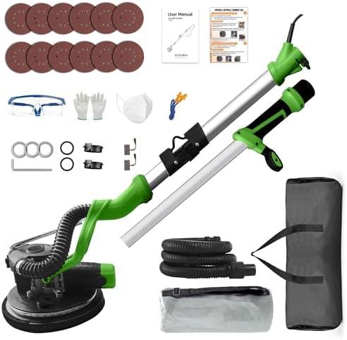 POPBULL 1050W Electric Drywall Sander with Vacuum, 7 Speeds (800–2100RPM), Foldable & Extendable Handle, 12 Sanding Discs, for Walls, Ceilings, Floors (Green)