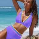popvil High Waisted Bikini Set for Women Two Piece Tummy Control Swimsuit Color Block Bathing Suit Beach Vacation 2026 (Purple, L)