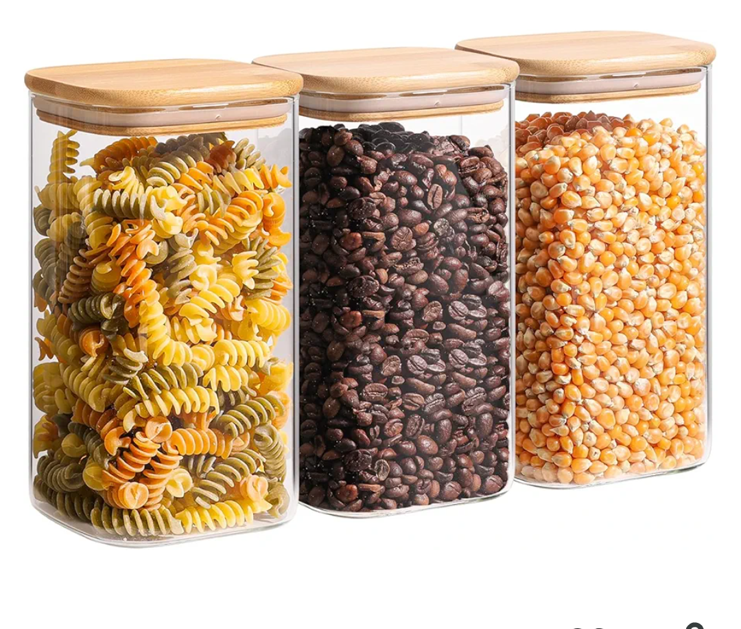 ComSaf 1.4 Qt Glass Storage Containers with Lids, Glass Jars with Lids, Clear Food Storage Jar, Square Canister Set of 3, Pantry Organizers and Storage for Flour Oat Pasta Tea Cookie Coffee Bean