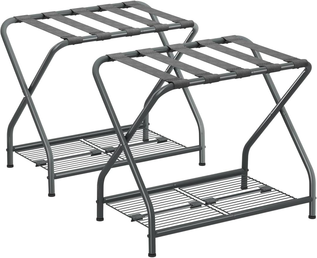 Luggage Rack, Set of 2, Suitcase Stand with Storage Shelf, Foldable Metal Luggage Holder for Guest Room, Bedroom, Hotel LR-GY-2 (Gray)