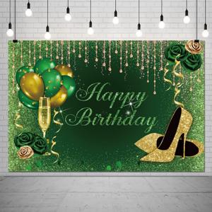 8x6ft Green Happy Birthday Backdrop Golden High Heels Champagne Glasses Glitter Sequin Photography Background Green Rose Shiny Balloons Adults Women Birthday Party Decorations Photo Booth Props