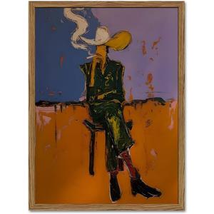 Abstract Western Cowboy Wall Art Modern Colorful Cowboy Wall Decor Contemporary Western Expressionist Poster Canvas Painting Print for Living Room Bedroom 24x16 inch Wood Framed