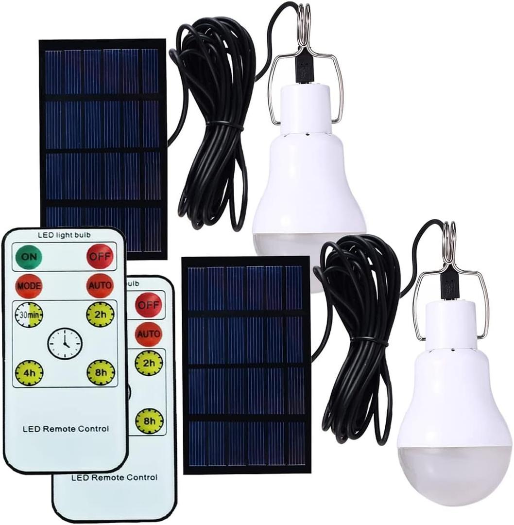 ABZXT Solar Powered Lamp Remote Control Portable Led Bulb Lights Solar Energy Panel Led Lighting for Camp Tent Night Fishing Emergency Lights Flash 350LM (Pack of 2+Remote Control)