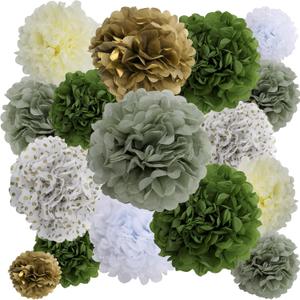 BestoFun 16 PCS Sage Green Party Decorations Tissue Paper Flowers Pom Poms Decorations for Girl Groovy Birthday Baby Shower Wedding Bachelorette Room Wall Hanging Dcor