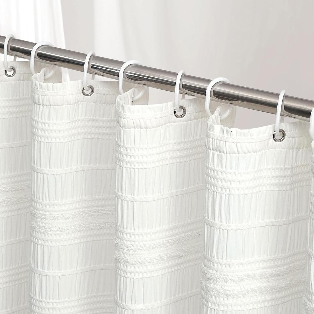Siiluminisoy Extra Long Farmhouse White Boho Shower Curtain 72 x 78 Cotton Blend Tufted Fabric Waffle Textured Shabby Chic Rustic Minimalist Striped Shower Curtains for Bathroom, Hotel
