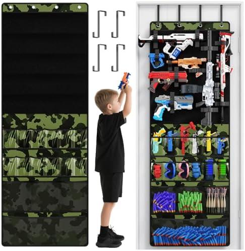 Mefirt Over the Door Organizer for Toy Guns, Toy Gun Storage Organizer with Pockets and Slots for Kids Foam Blasters, Darts, Goggles, Over Door Toy Storage Hanger for Kids Rooms, Game Rooms, Green