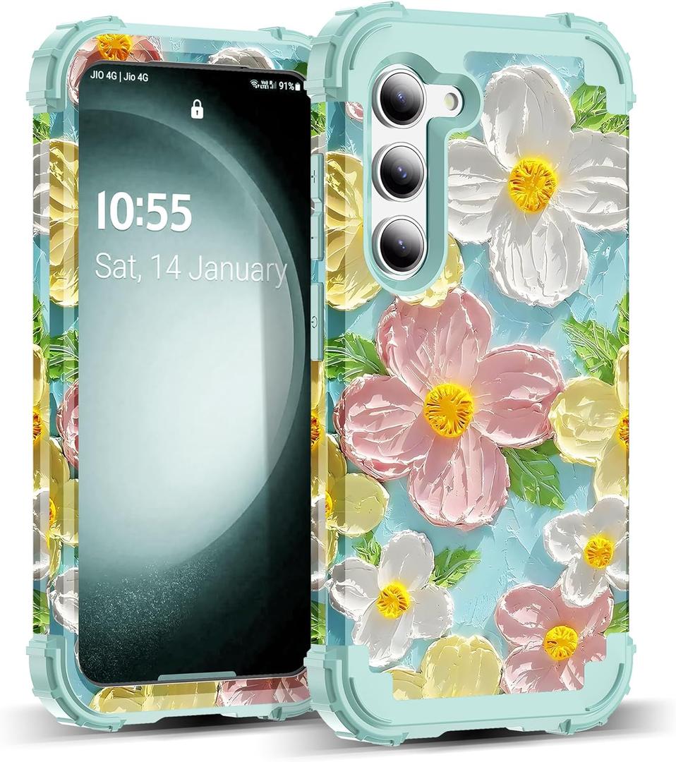 for Galaxy S23 Plus Case,3 in 1 Oil Painting Flower Pattern Heavy Duty Shockproof Protection Silicone Rubber Bumper+Hard Plastic Protective Cover for Samsung S23 Plus 6.6",Green Flower (Samsung Galaxy S23 Plus)