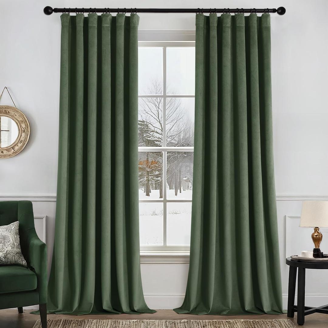 MIULEE Velvet Curtains 90 Inches Long 2 Panels Set for Bedroom, Pinch Pleat Back Tab Luxury Thermal Insulated Living Room Darkening Drapes Pleated Blackout Window Curtains with Hooks, Olive Green