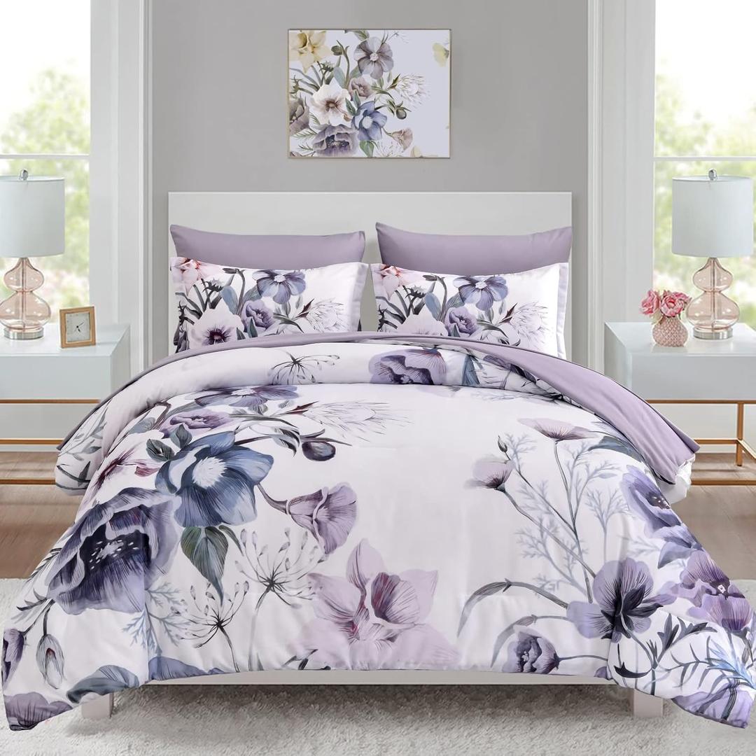 Luxudecor Floral Comforter Set Full Size 7 Piece, Purple Flower Bed in a Bag, Elegant Floral Comforter with Sheet Set, Soft Microfiber Bedding Set for All Season (Purple, 80"x90")