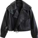 LY VAREY LIN Women Black Faux Leather Jackets Casual Short Oversized Coat Asymmetrical Motor Biker Jacket (Medium)