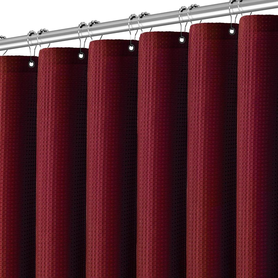 PANGSINNE Elegant Burgundy Fabric Shower Curtain - Waffle Textured Heavy Duty Cloth Curtains for Bathroom, 256GSM Hotel Spa Luxury Weighted Polyester Bath Curtain Set with 12 Hooks 72Wx72H