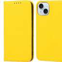 iCoverCase Compatible with iPhone 15 Wallet Case with Credit Card Holder and Wrist Strap, RFID Blocking Genuine Leather Flip Magnetic Cell Phone Cover Case 6.1 Inch (Yellow)