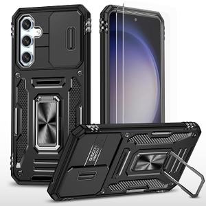 Ezanmull for Samsung Galaxy S24 FE Case with Slide Camera Cover + Screen Protector(2 Packs), Rotated Ring Kickstand Military Grade Shockproof Protective Cover for Samsung Galaxy S24 FE