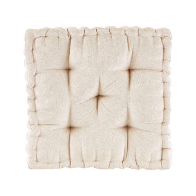 Intelligent Design Azza Floor Pillow Square Pouf Chenille Tufted with Scalloped Edge Design Hypoallergenic Bench/Chair Cushion, 20 x 20 x 5, Ivory
