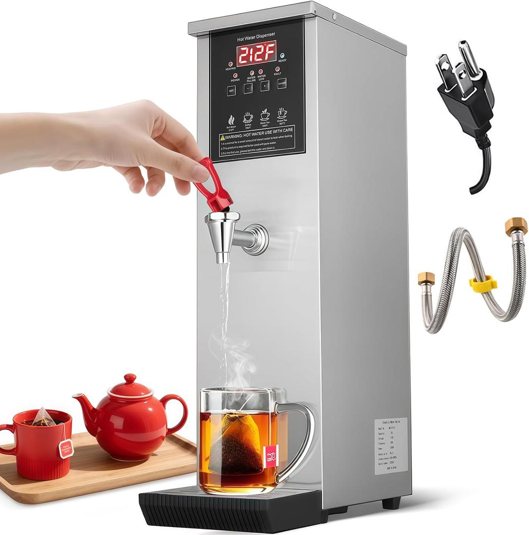 Commercial Hot Water Dispenser Water Boiler Countertop Auto-filling Stainless Steel Hot Water Machine Step-heating 104-212F Adjustable for Cafe Tea Shop Office Restaurant Hotel 1500W
