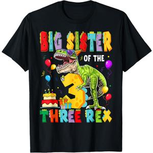 Big Sister Of The Three Rex 3Rd Birthday Boy Dinosaur T-Rex T-Shirt, S