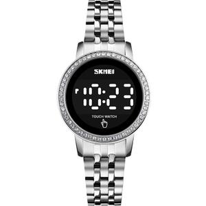 Stainless Steel Digital Watches for Women, LED Touch Screen Bracelet Watches Waterproof Elegant Crystal Wrist Watch Clock for Ladies (Round Silver)